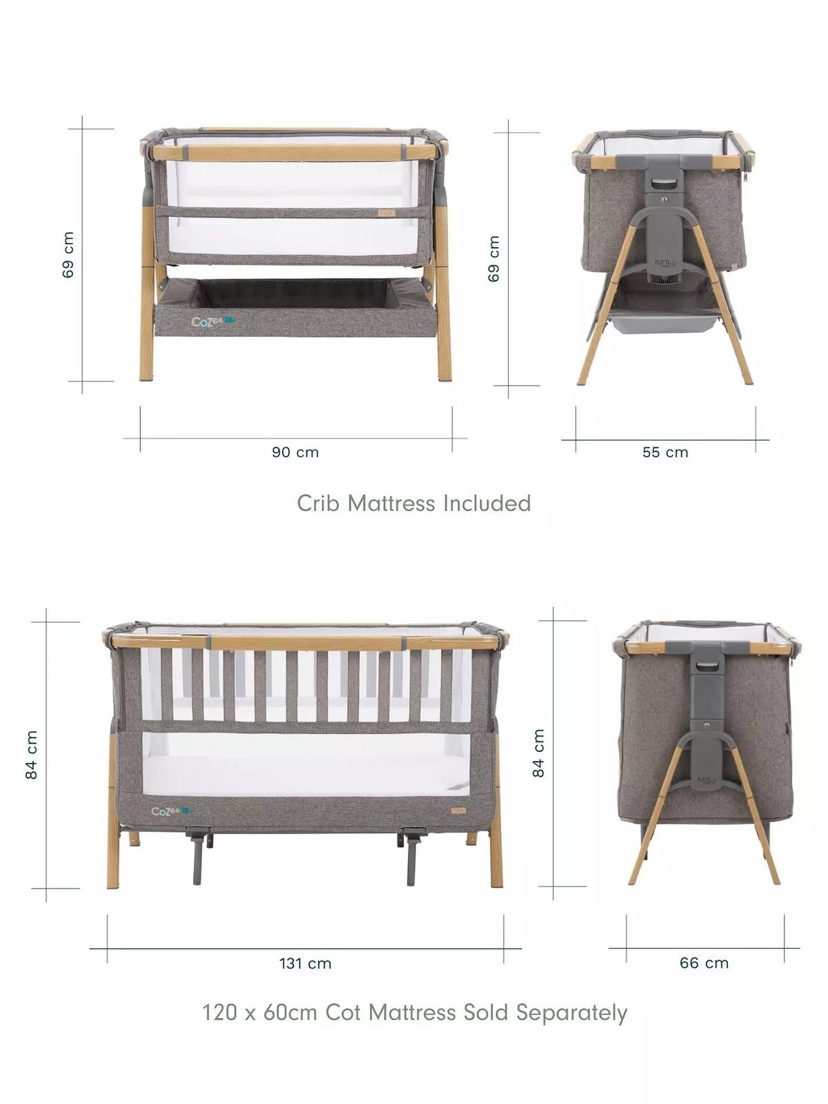 CoZee XL Bedside Crib & Cot - Oak & Charcoal