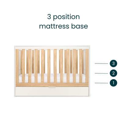 Riley Mini Cot Bed with Drawer - White & Maple Oak