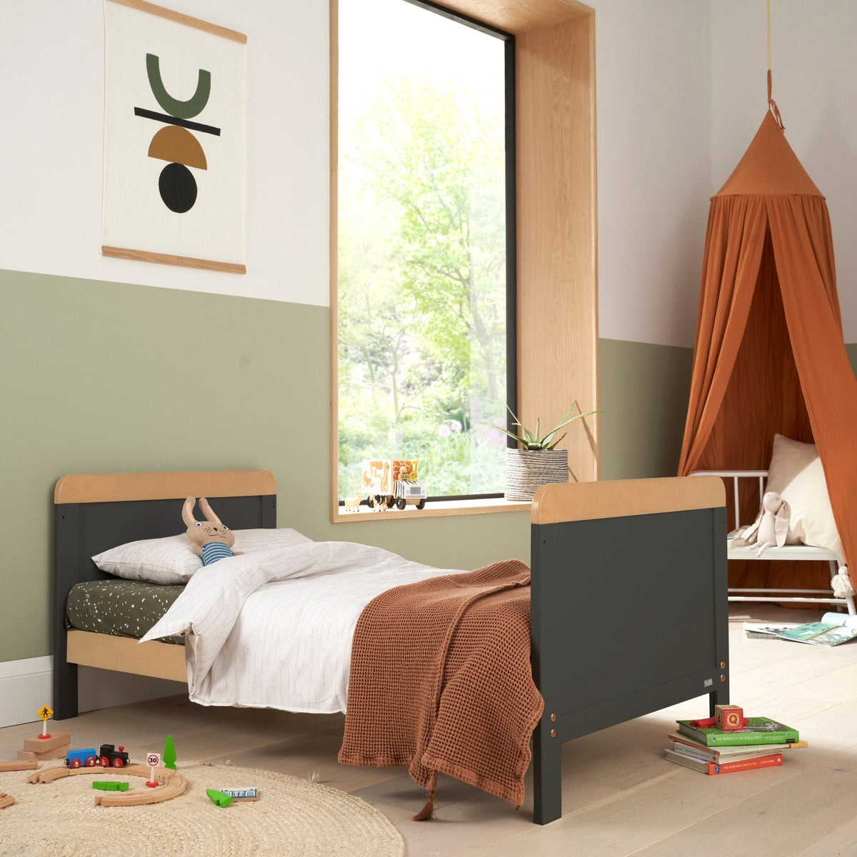 Rio Cot Bed with Cot Top Changer & Mattress - Slate/Honey Oak