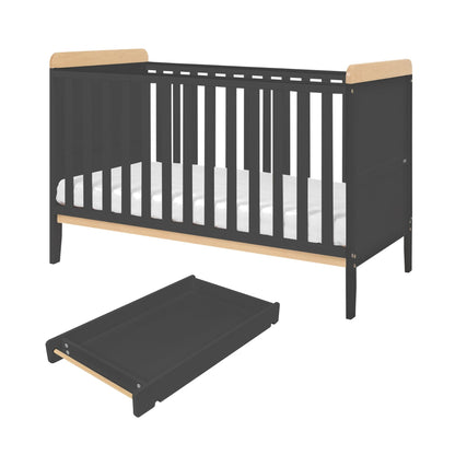 Rio Cot Bed with Cot Top Changer & Mattress - Slate/Honey Oak