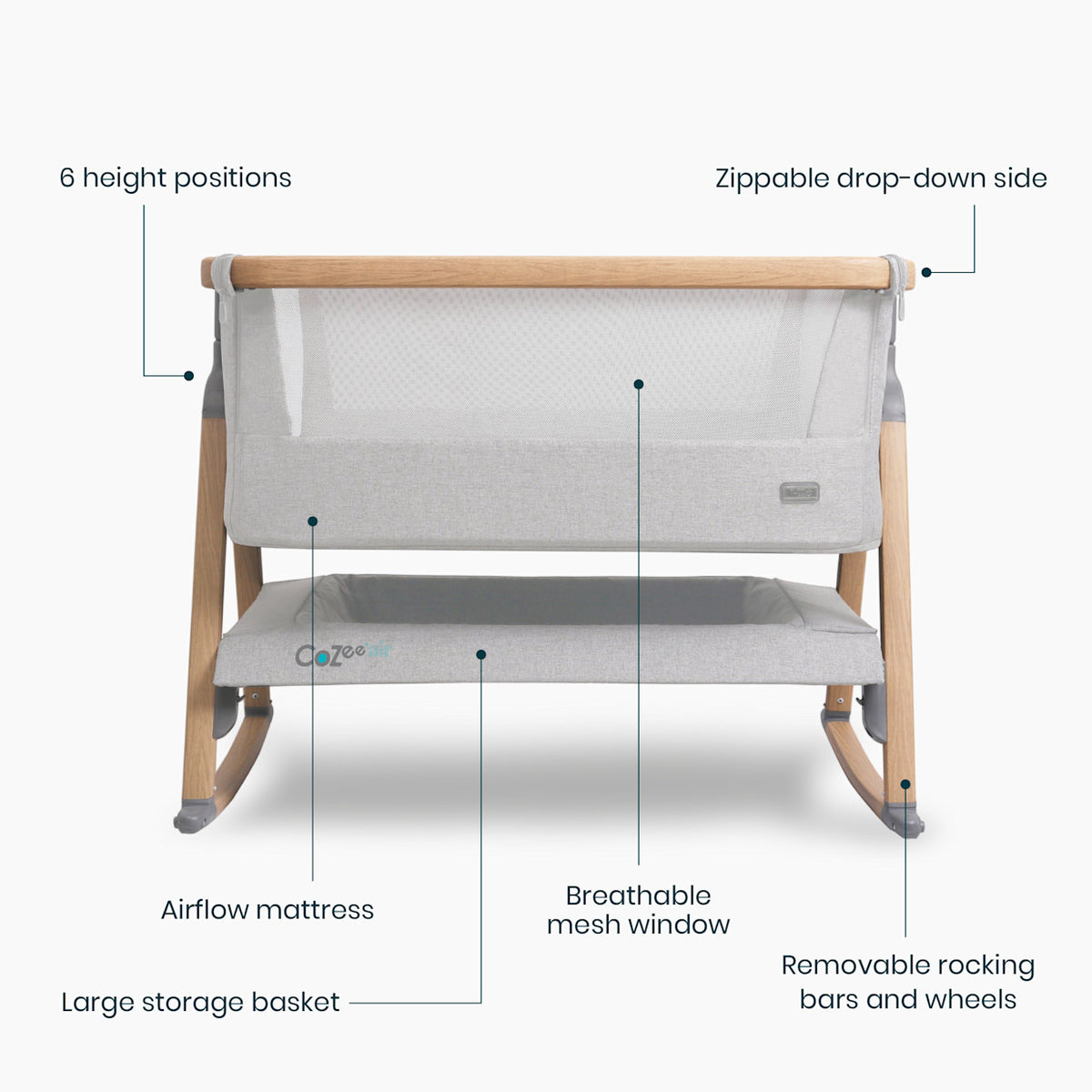 CoZee Air Bedside Crib - Oak / Sterling Silver