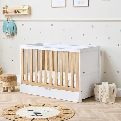 Riley Mini Cot Bed with Drawer - White & Maple Oak