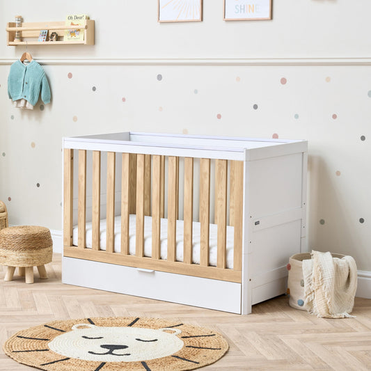 Riley Mini Cot Bed with Drawer - White & Maple Oak
