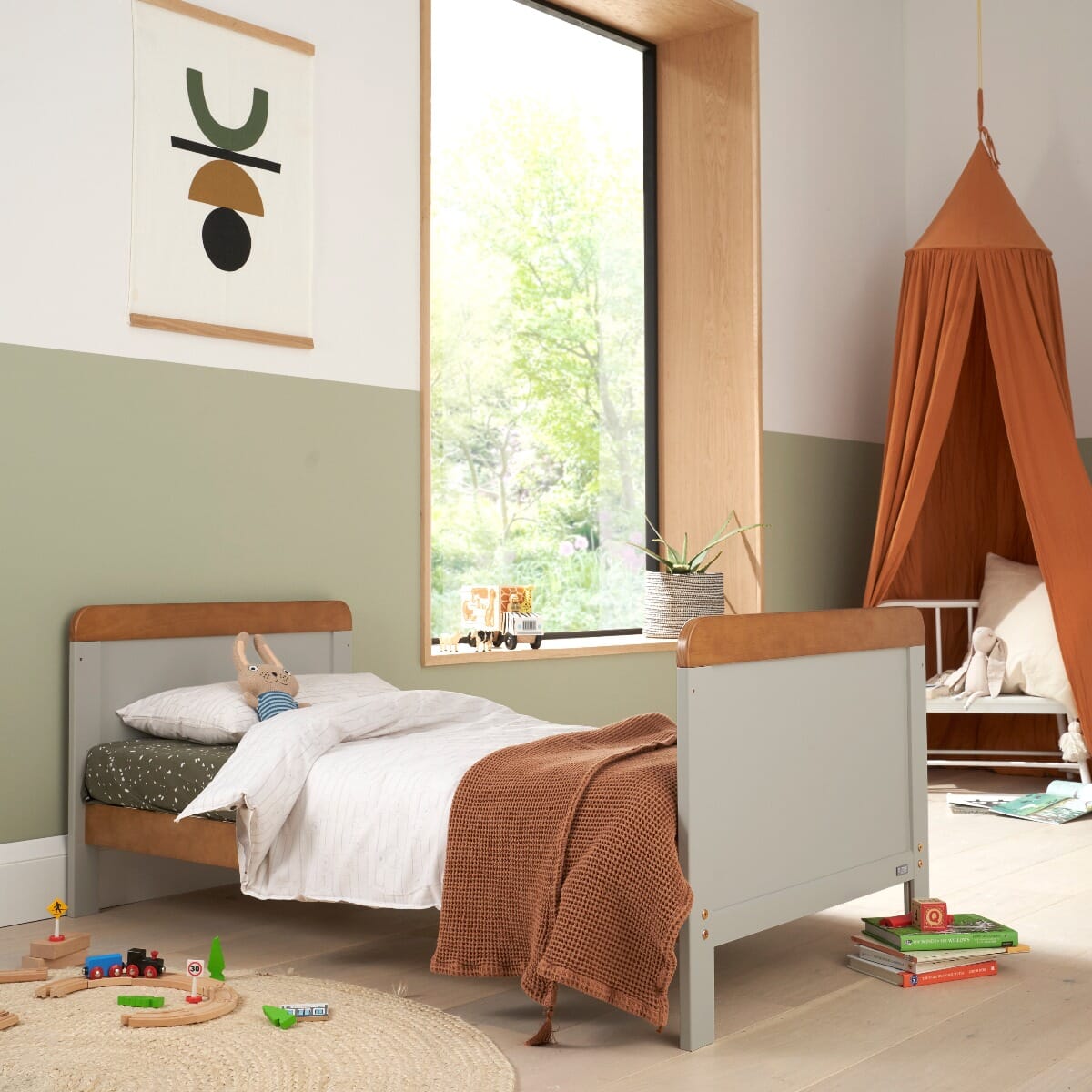 Rio Cot Bed with Cot Top Changer & Mattress - Dove Grey & Honey Oak