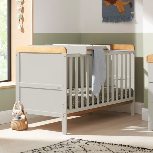 Rio Cot Bed with Cot Top Changer & Mattress - Dove Grey & Honey Oak