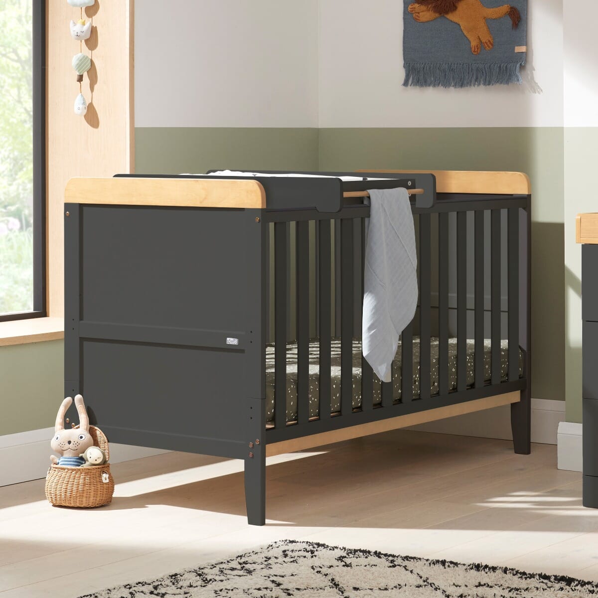 Rio Cot Bed with Cot Top Changer & Mattress - Slate/Honey Oak