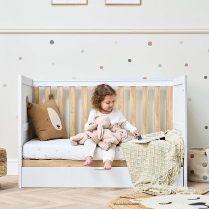 Riley Mini Cot Bed with Drawer - White & Maple Oak